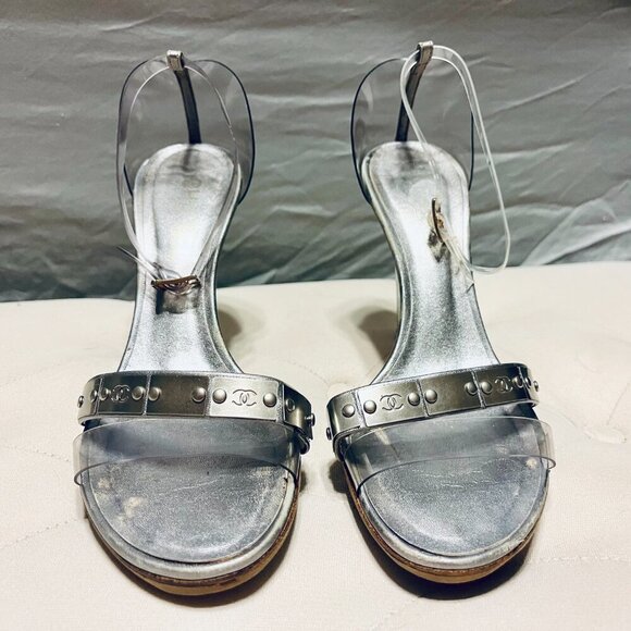 CHANEL Silver Leather Clear Strap Stud CC Plate Sandals - Picture 6 of 11